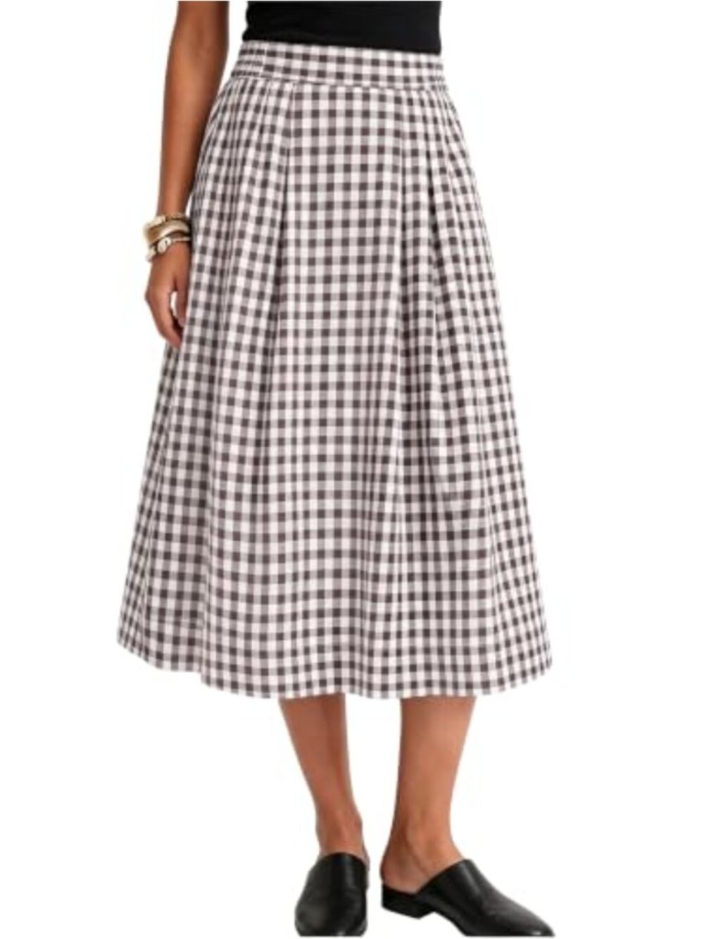 A-Line Midi Skirt Elastic High Waist Pockets Cotton Blend